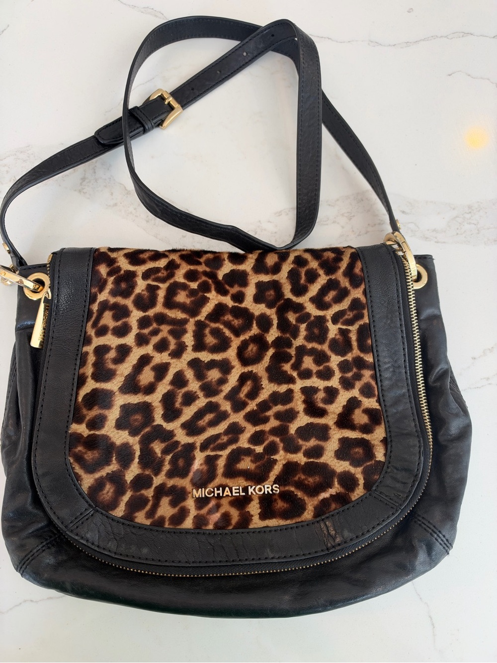 Michael Kors Leopard Calf Hair Black Leather Crossbody Shoulder Bag